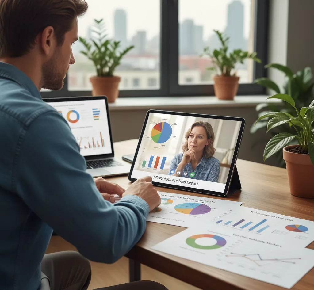 Praticien en santé fonctionnelle expliquant les résultats d'une analyse du microbiote à une cliente pour optimiser son écosystème et sa santé