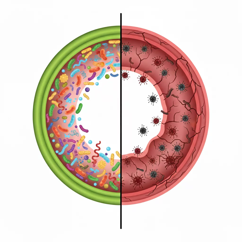Schéma explicatif de la dysbiose intestinale montrant la perte de diversité bactérienne et l'inflammation de la muqueuse